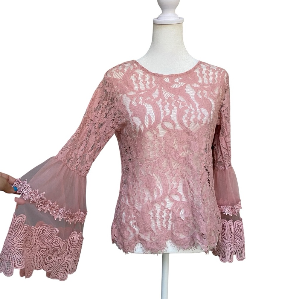 Say What? Pink Open Lace Bell Sleeve Top